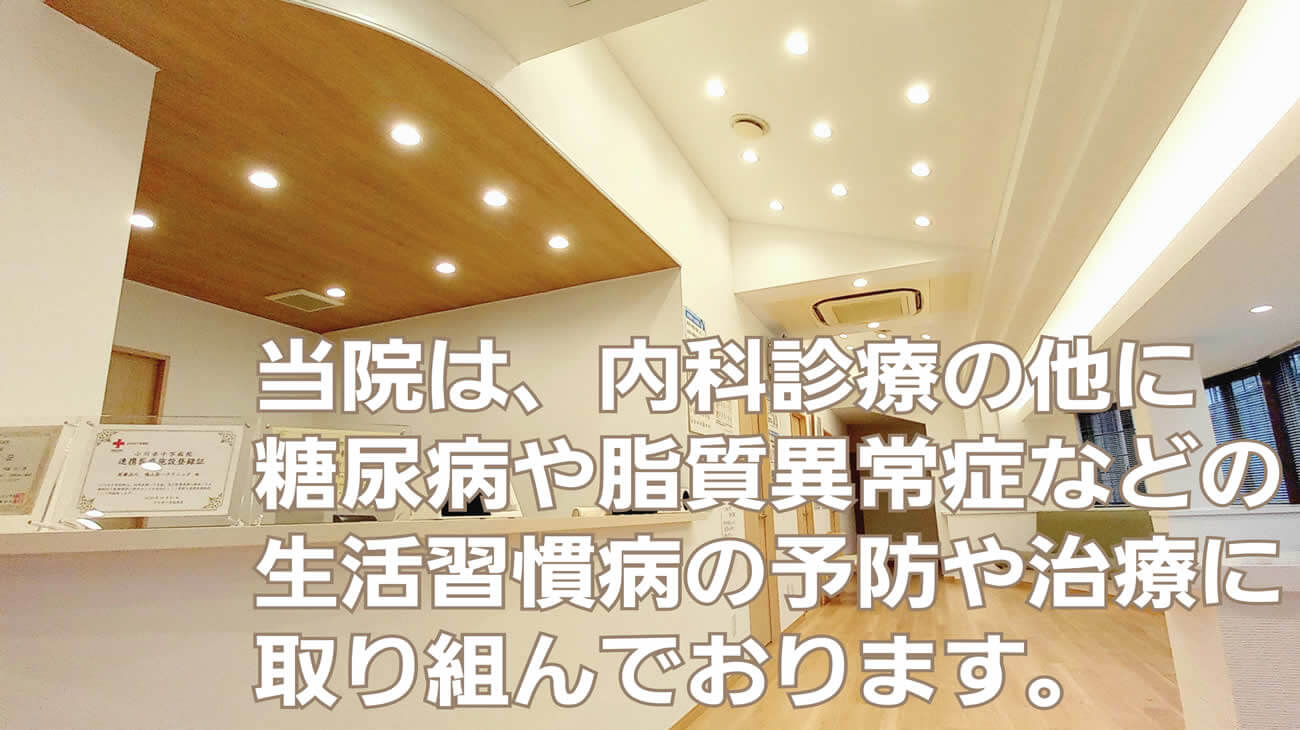 当院は、内科診療の他に糖尿病や脂質異常症などの生活習慣病の予防や治療に取り組んでおります。